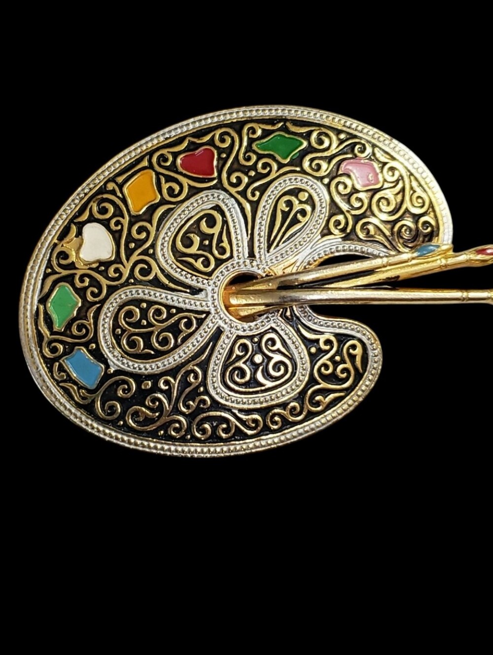 Vintage Gold Spanish Damascene Brooch Paint Palate